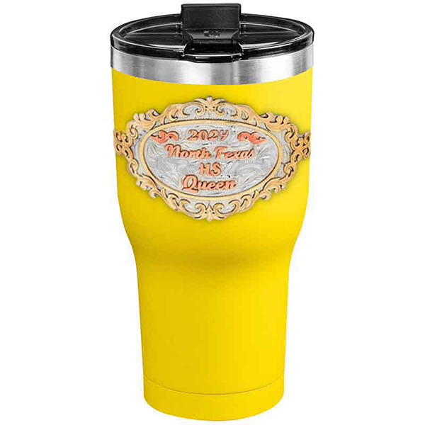 A customized tumbler made of stainless steel with a personalized engraved initials and North Texas High School Queen lettering, 30 oz, ideal for coffee or cool drinks